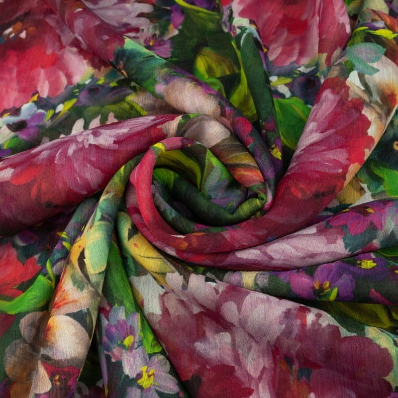 SZYD100.378 | Crinkle Chiffon grüne und lila Blumen - 1