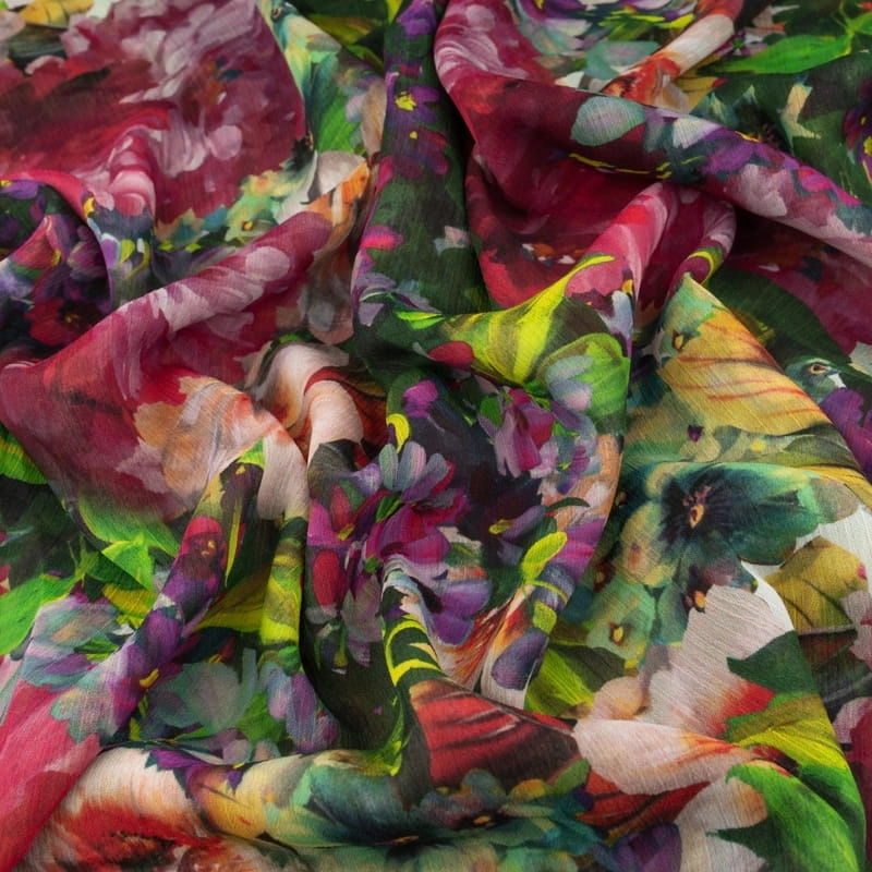 SZYD100.378 | Crinkle Chiffon grüne und lila Blumen - 3