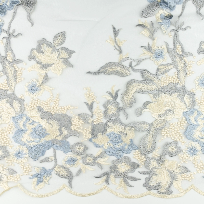KORS100.300 | Spitzenstoff Blumen mit Bogenkante grau-creme - 1