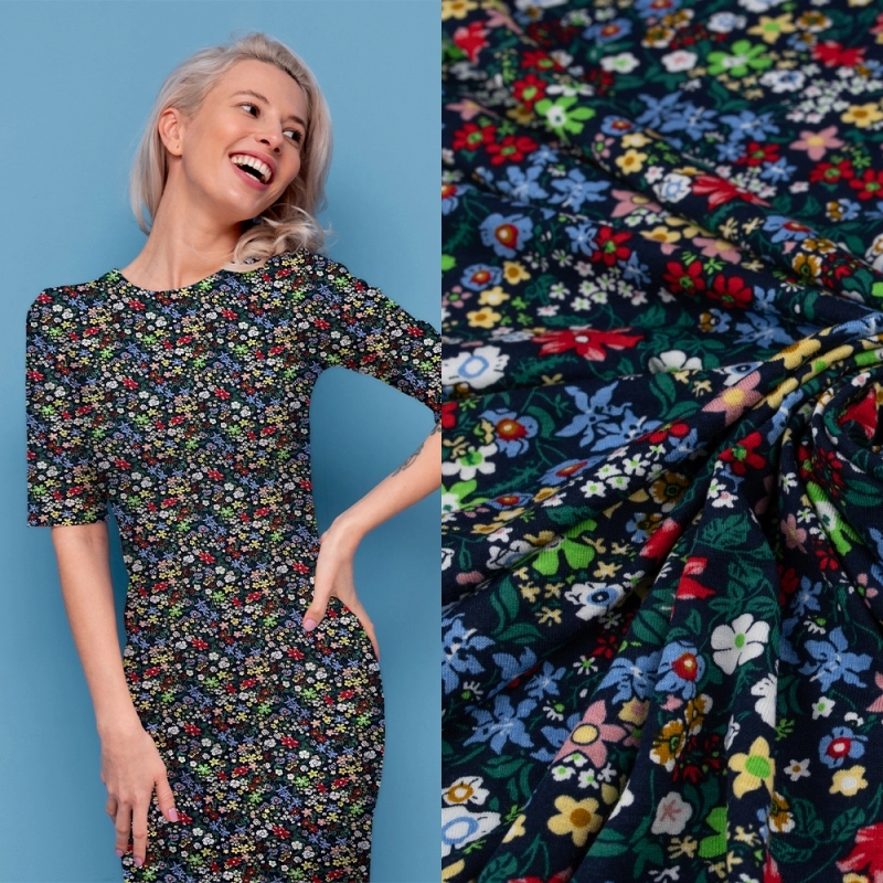 DWI100.370 | Viskose-Strickstoff bunte Blumenwiese in dunkelblau - 2