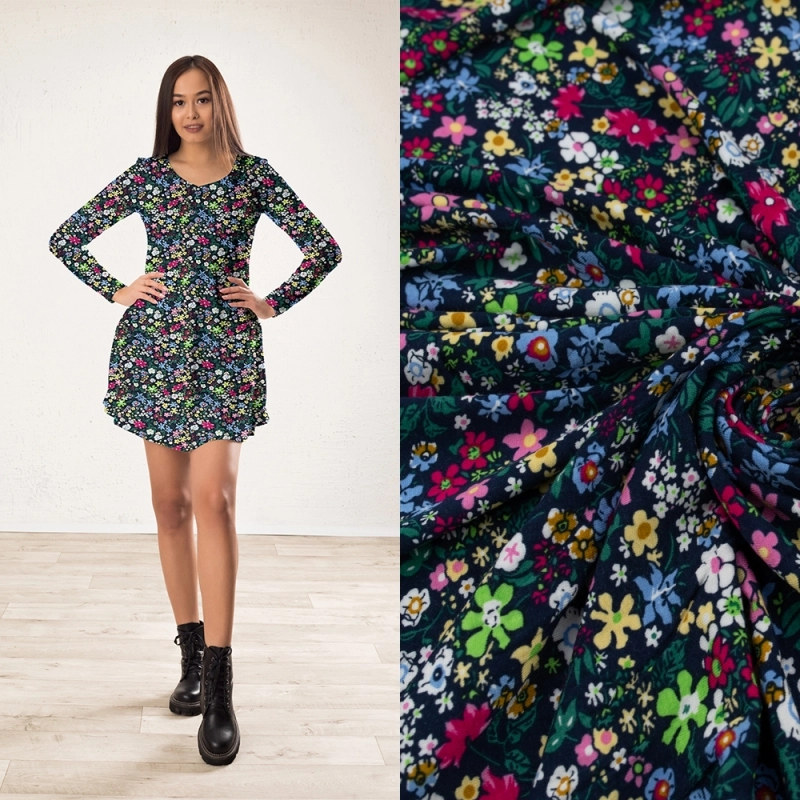 DWI100.371 | Viskose-Strickstoff bunte Blumenwiese dunkelblau - 2