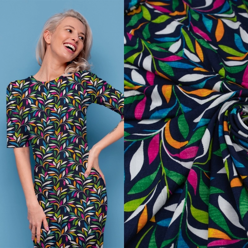 DWI100.375 | Viskose-Strickstoff bunte Zweige und Blätter dunkelblau - 2