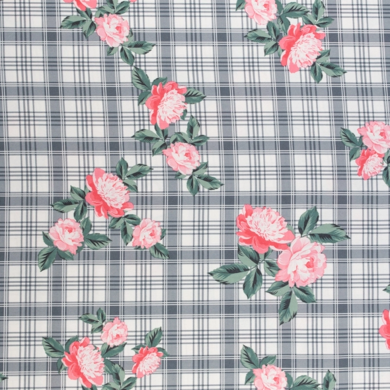 SALE.WIS119 | Viskosestoff rosa Blumen Kariert - 1