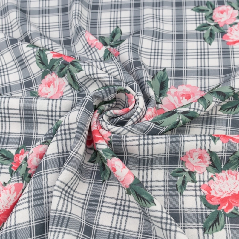 SALE.WIS119 | Viskosestoff rosa Blumen Kariert - 2