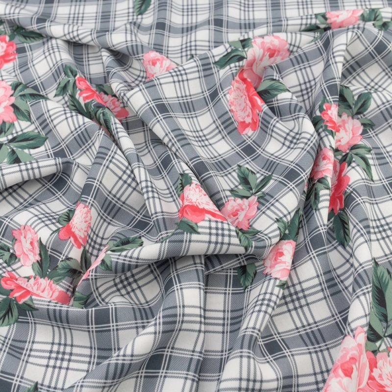 SALE.WIS119 | Viskosestoff rosa Blumen Kariert - 3