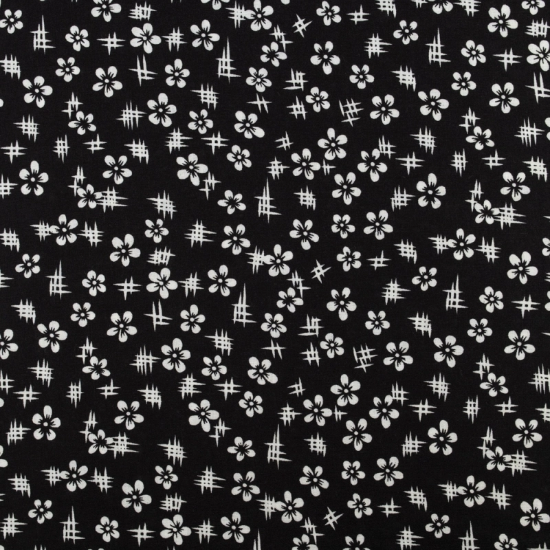 WIS673 | Schwarzer Viskose Stoff mit weißen Blumen - 1