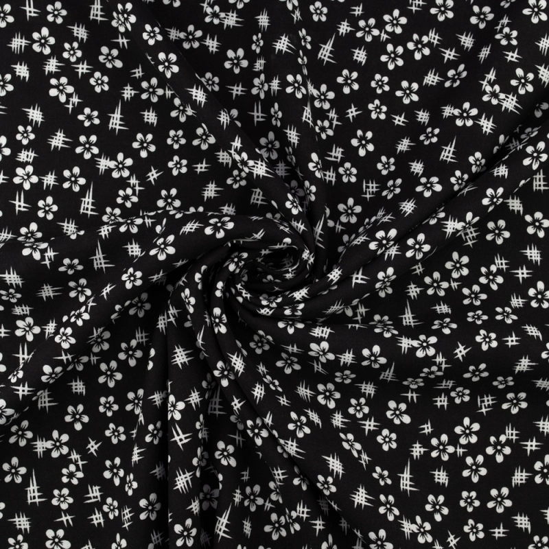 WIS673 | Schwarzer Viskose Stoff mit weißen Blumen - 3