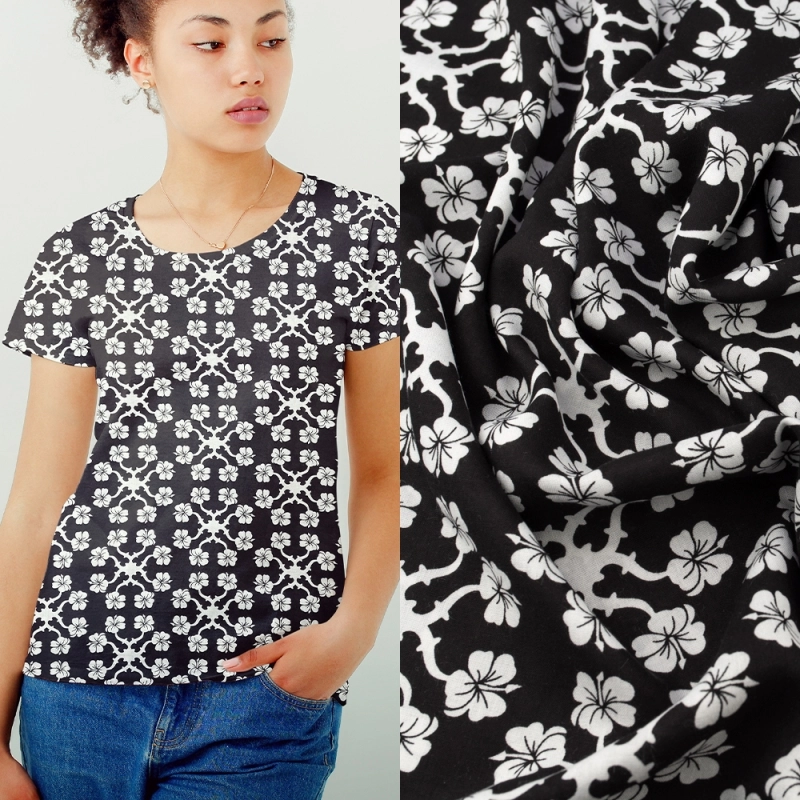 WIS685 | Schwarzer Viskosestoff mit weißen Blumen - 2