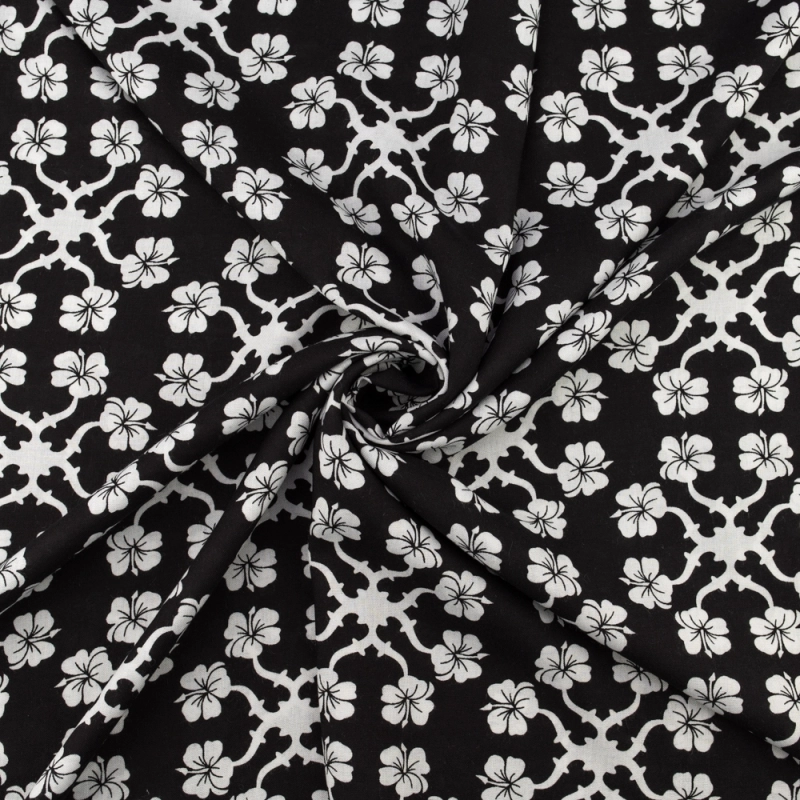 WIS685 | Schwarzer Viskosestoff mit weißen Blumen - 3