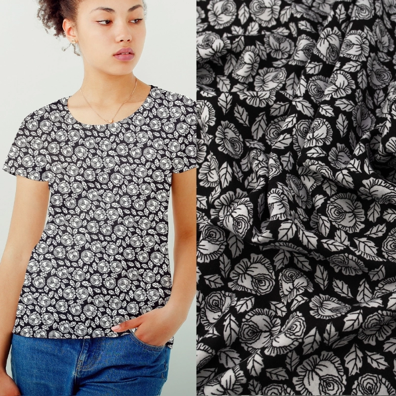 WIS698 | Viskosestoff schwarz mit weißen Blumen - 2