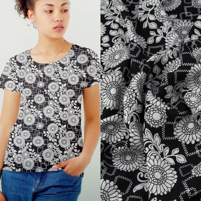 WIS660 | Schwarze Viskosestoff mit floralen Mustern - 2